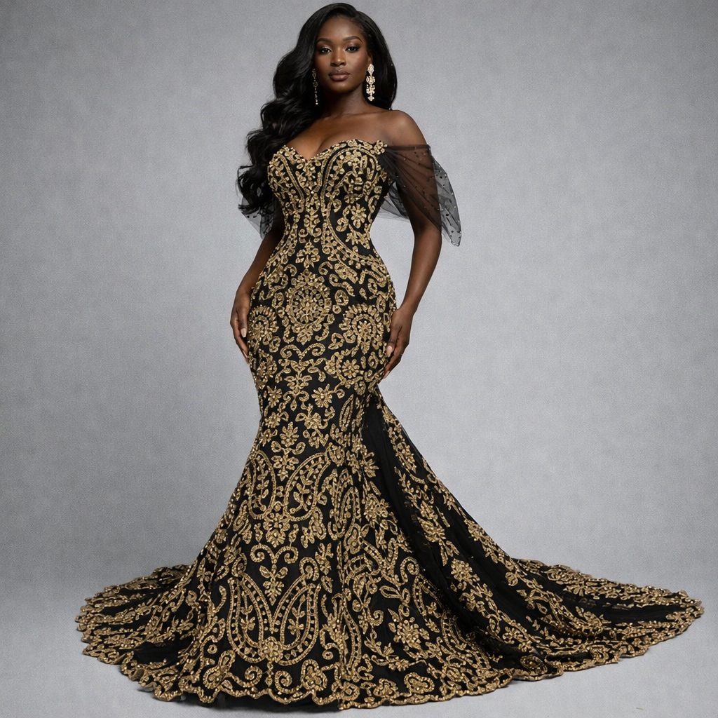 Black and Gold Embroidered Sequin Net Lace Fabric